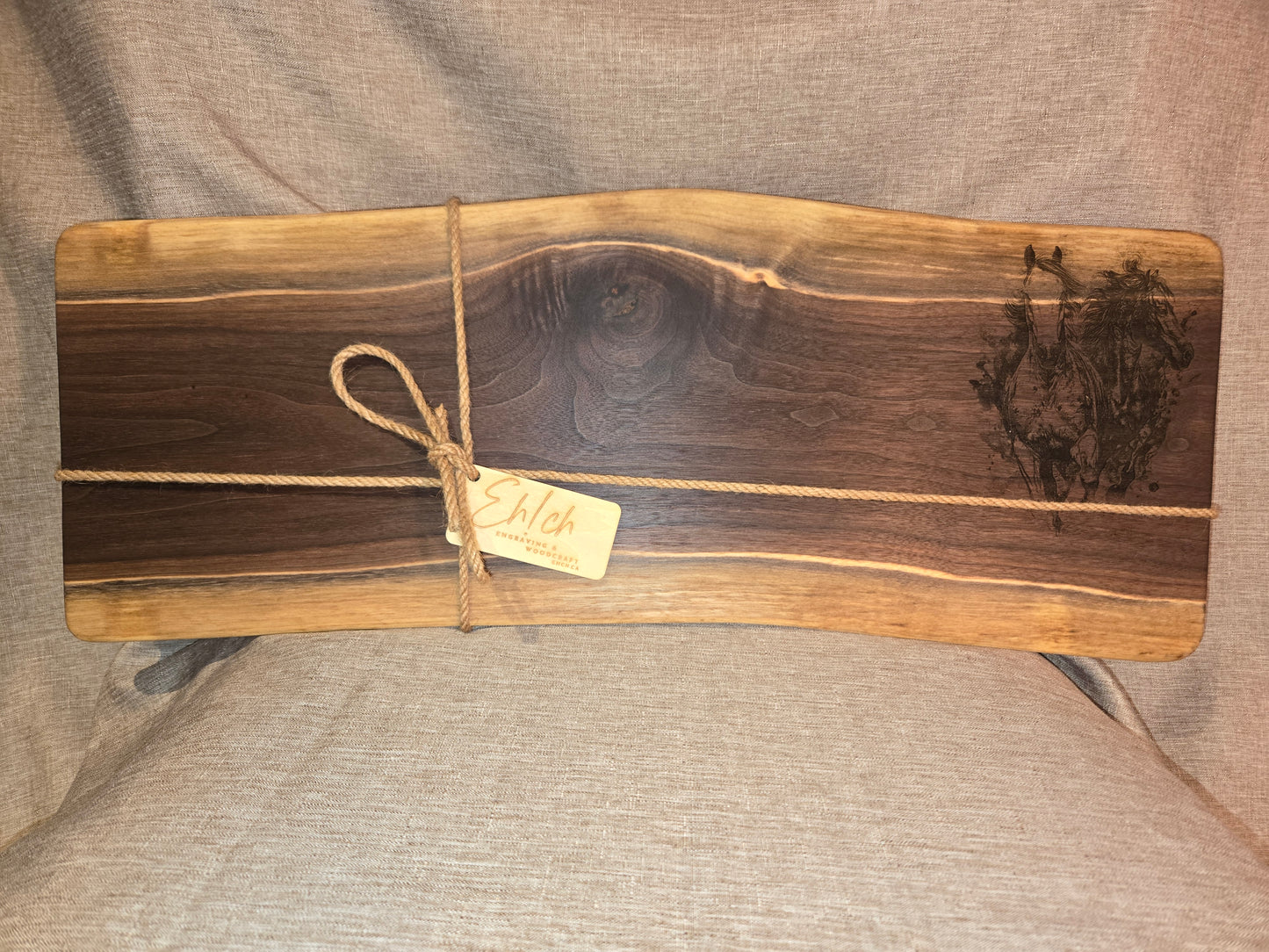 21" Black Walnut Live Edge Charcuterie Board w Horse Engraving