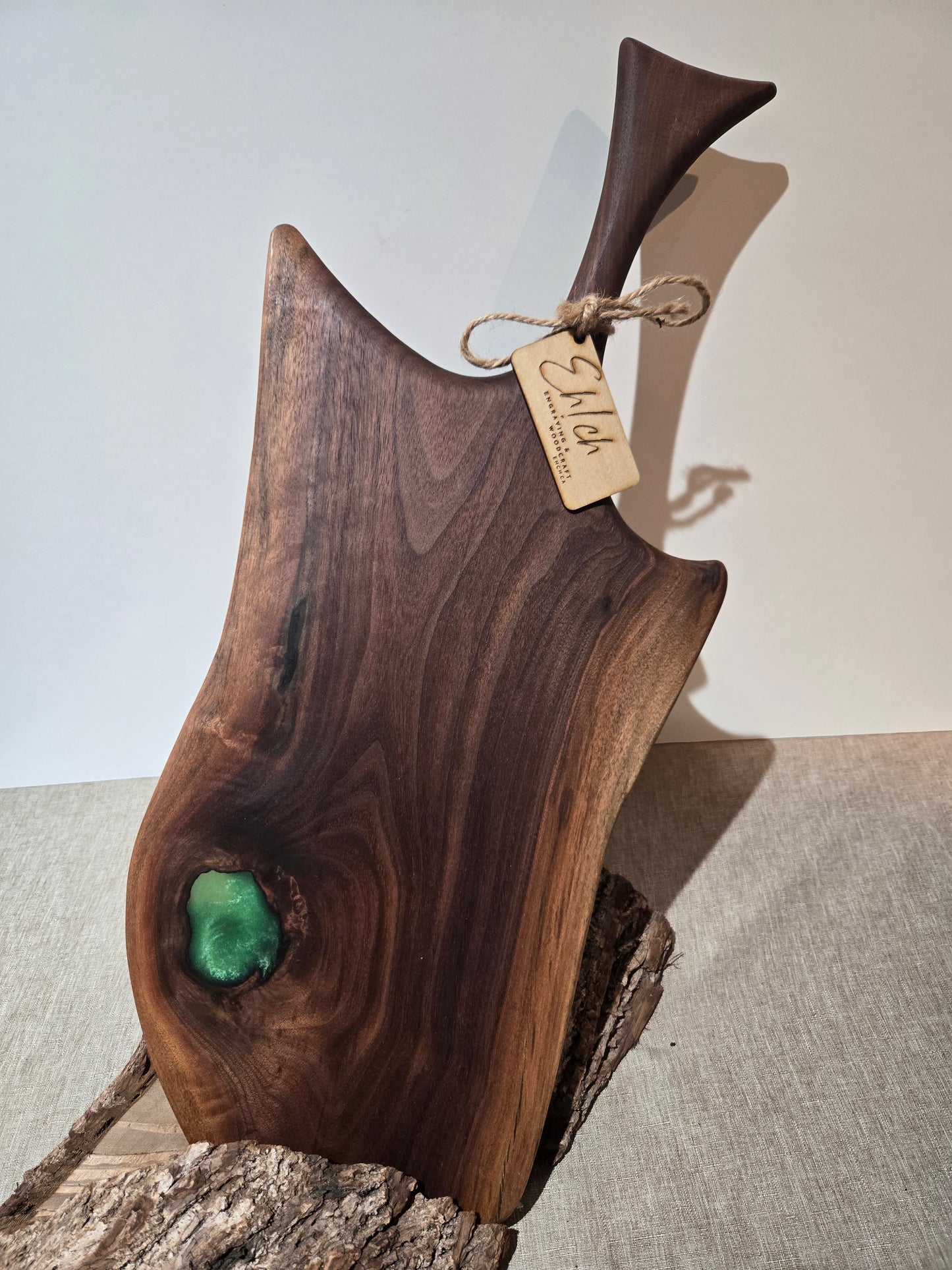 22" Black Walnut Charcuterie Board w Emerald green epoxy accent