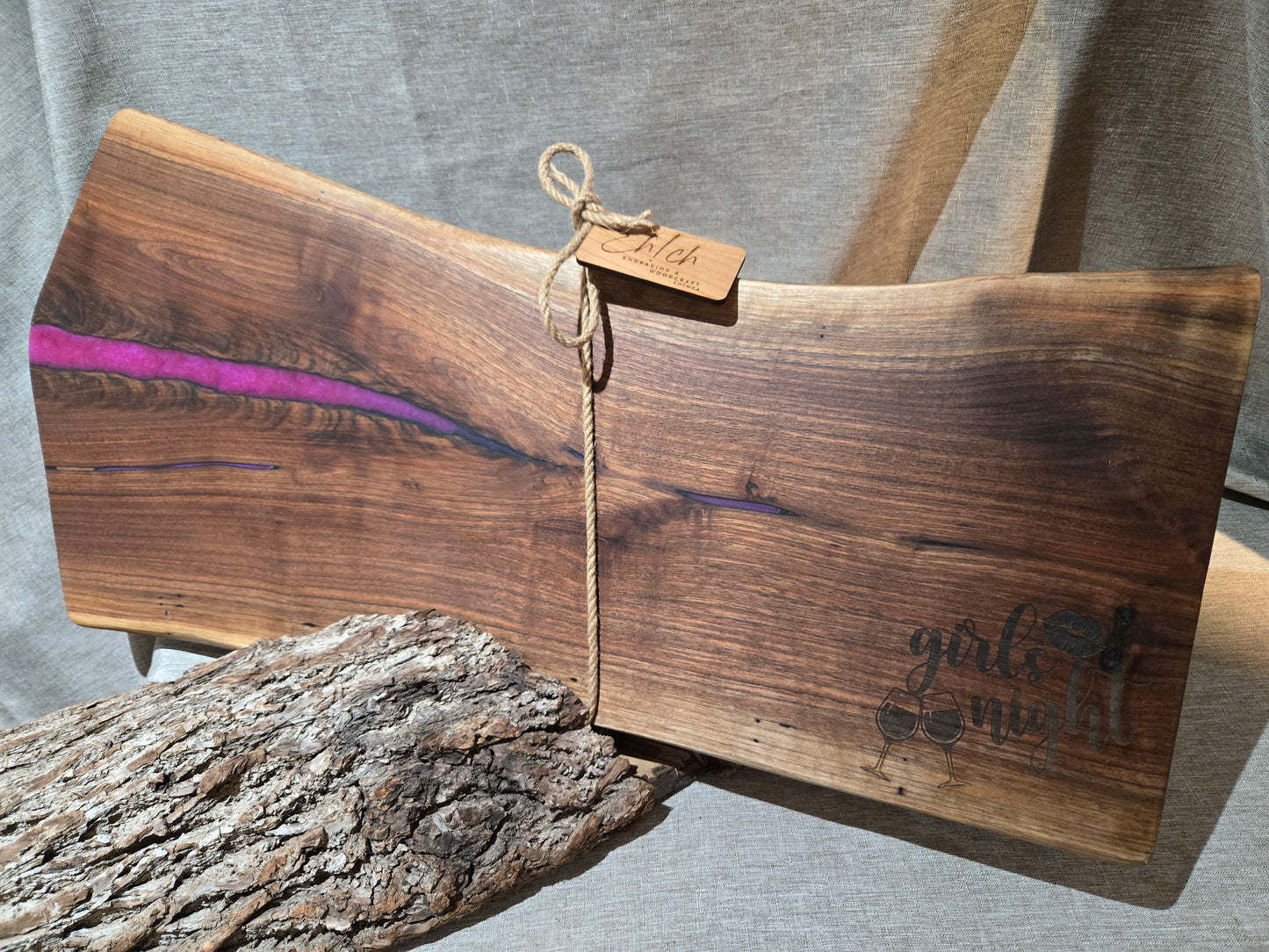 27" "Girls Night" Black Walnut Charcuterie Board w magenta epoxy accent