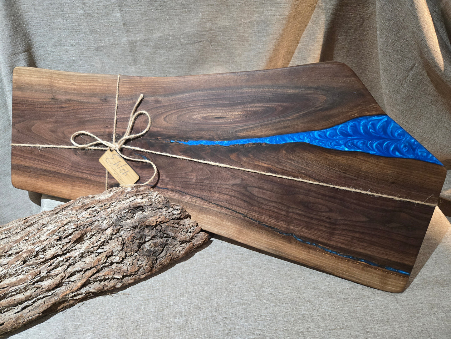 29" Black Walnut Charcuterie Board w sky blue epoxy accent