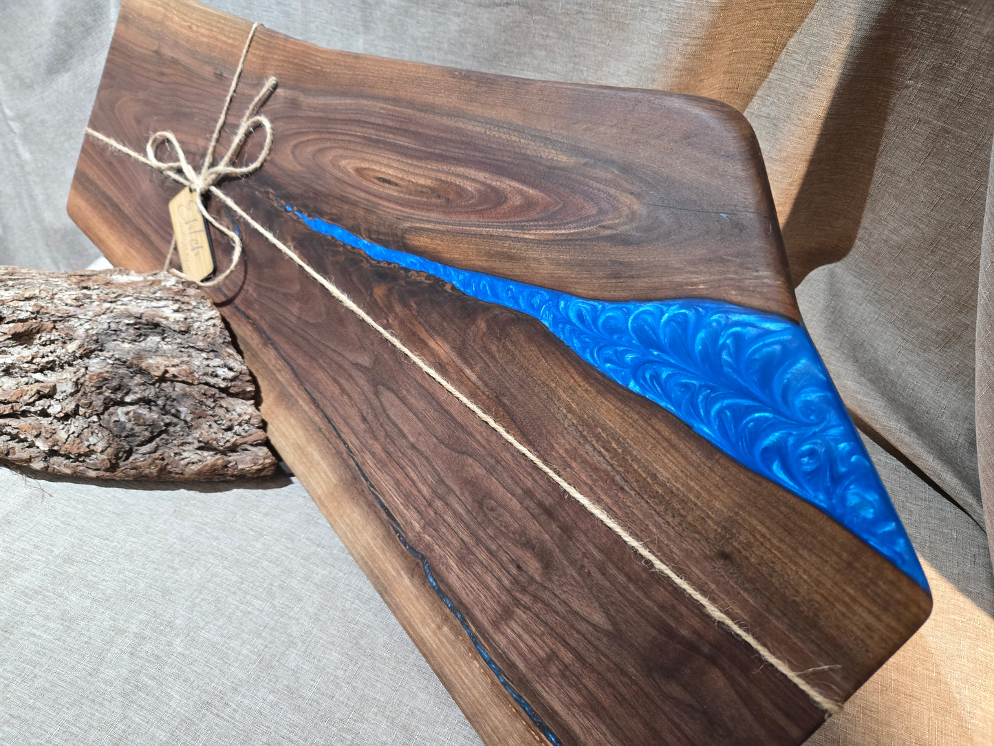 29" Black Walnut Charcuterie Board w sky blue epoxy accent