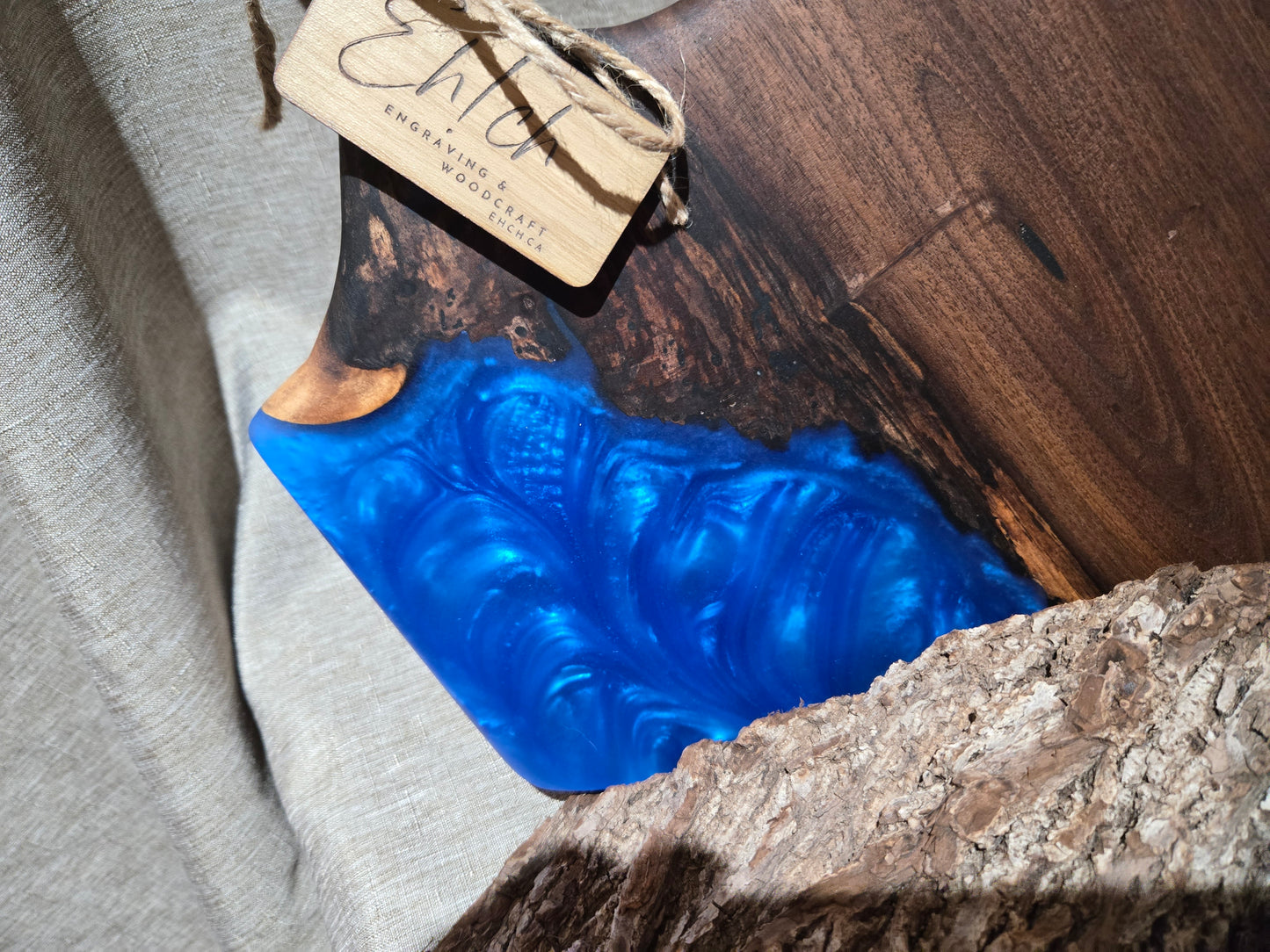 19" Black Walnut Charcuterie Board w sky blue epoxy accent