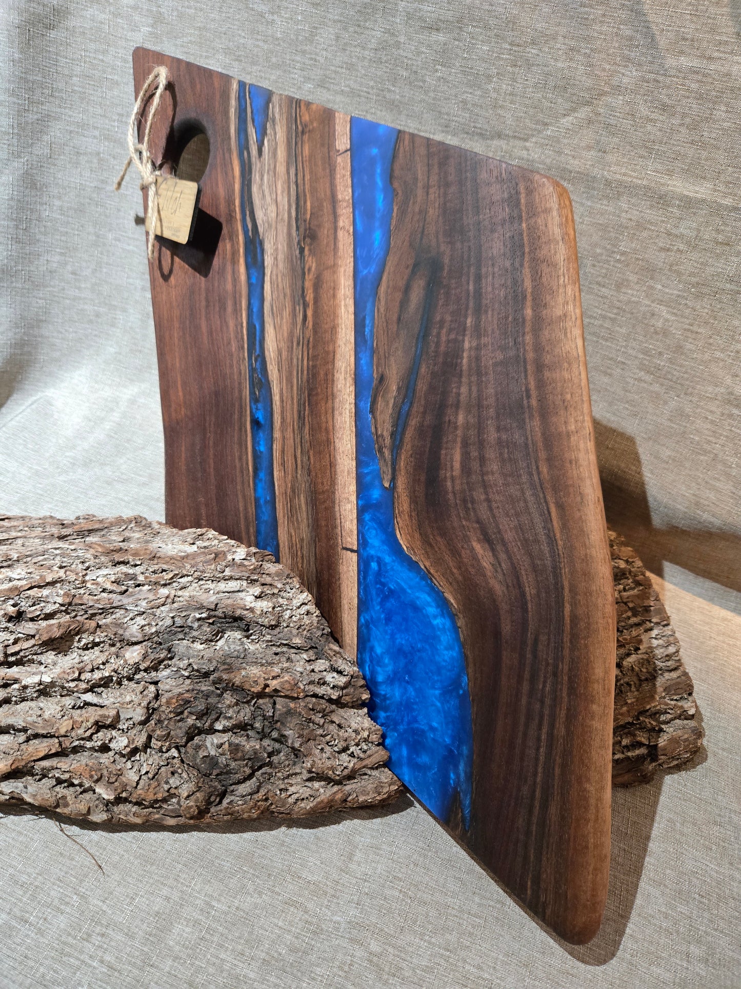 25" Black Walnut Charcuterie Board w blue epoxy accent