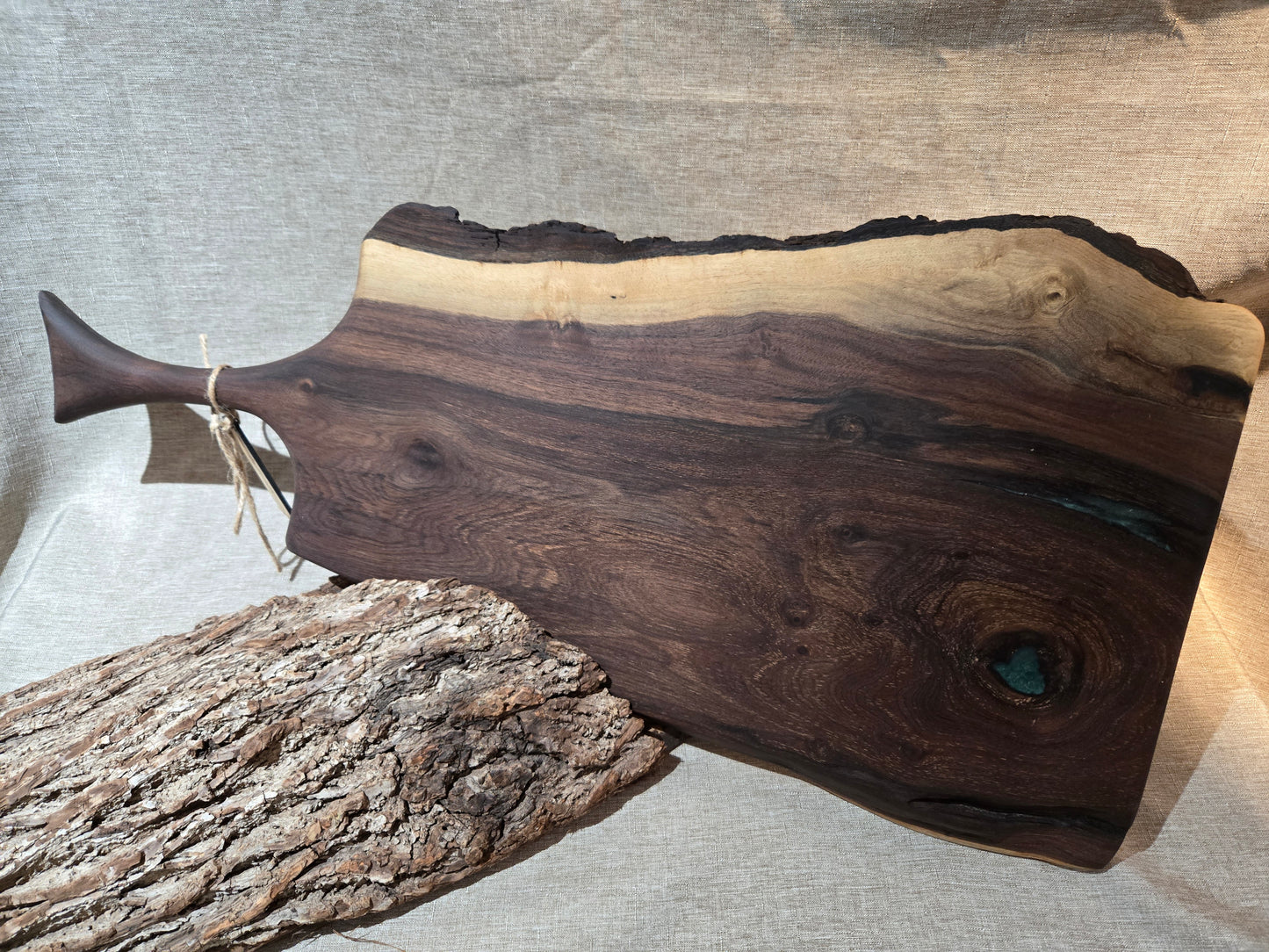 25" Black Walnut Charcuterie Board w green epoxy accent