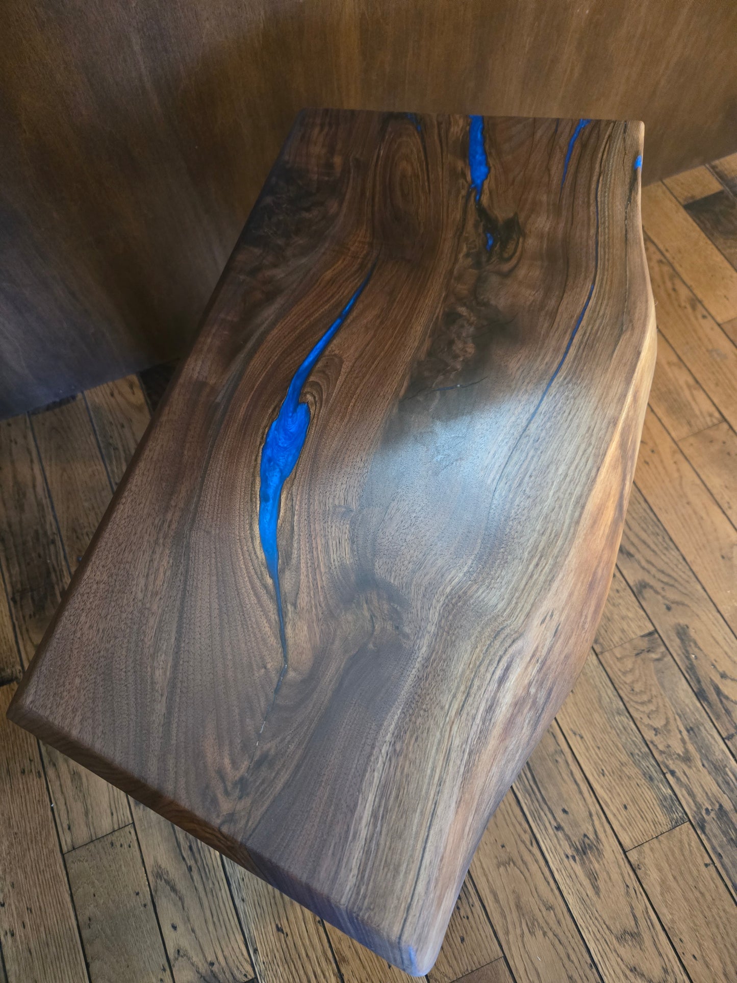 Bench, Live Edge Walnut Bench w Sky Blue Epoxy