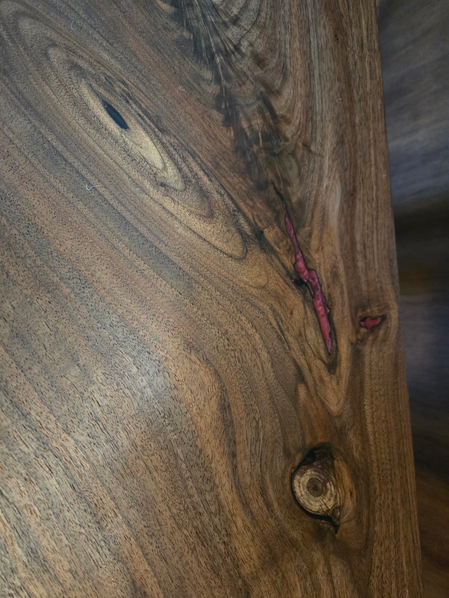 Bench, Live Edge Walnut Bench w Cranberry Red Epoxy