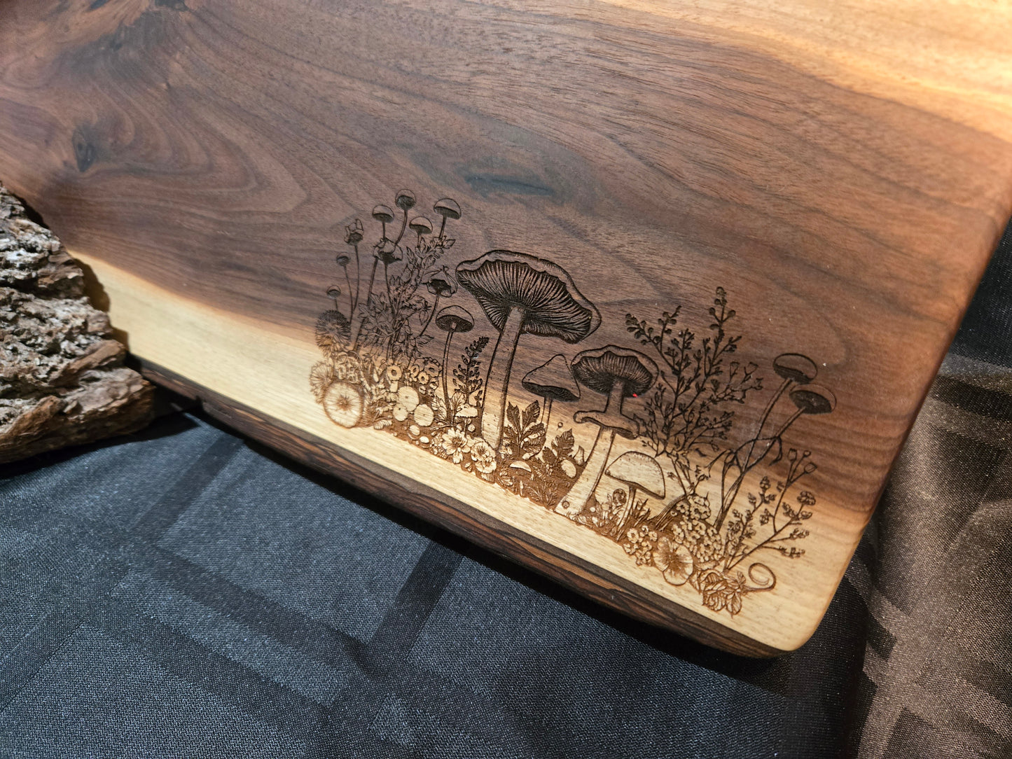 29" Black Walnut Live Edge Charcuterie Board w Mushrooms