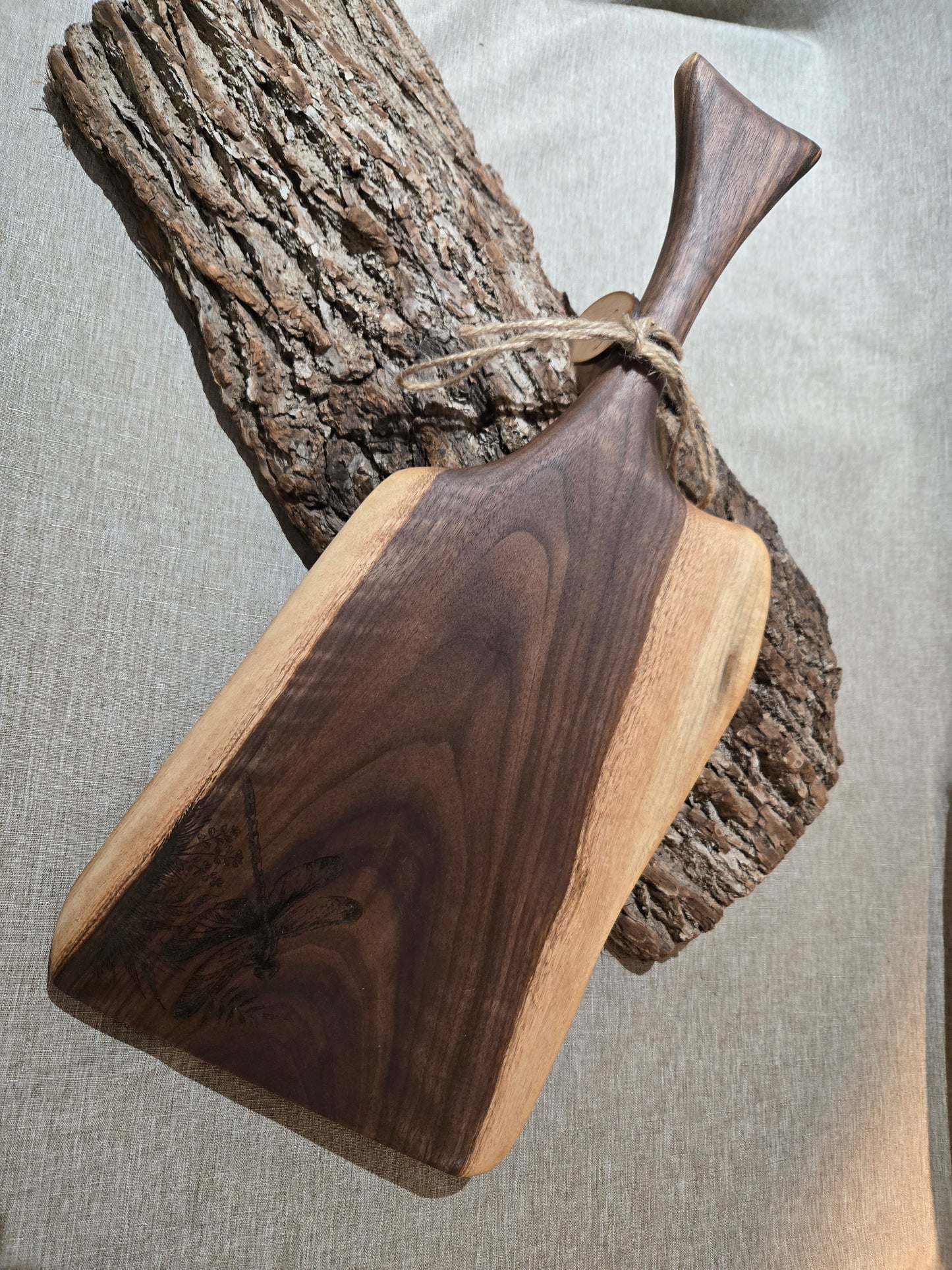 18" Black Walnut Live Edge Charcuterie Board w handle & Dragonfly engraving