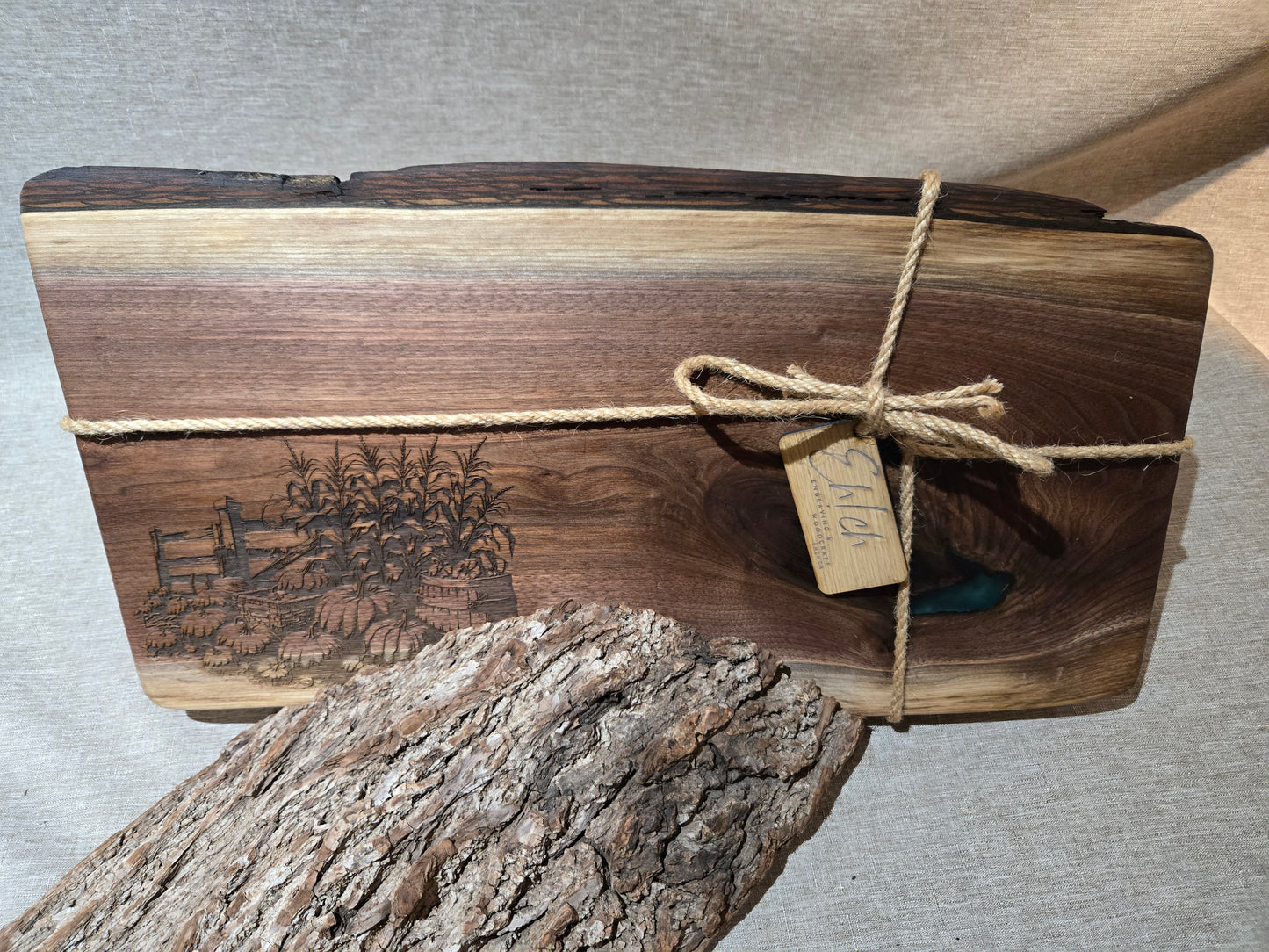 18" Black Walnut Live Edge Charcuterie Board w jade green epoxy accent & Autumn engraving