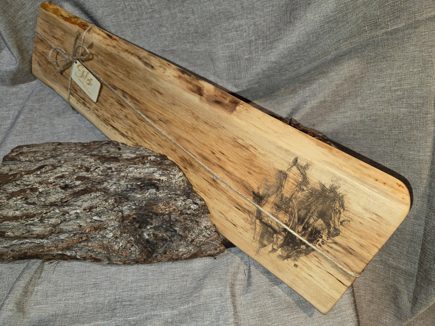 25-1/2" Spalted Maple Live Edge Charcuterie Board w Horse Engraving