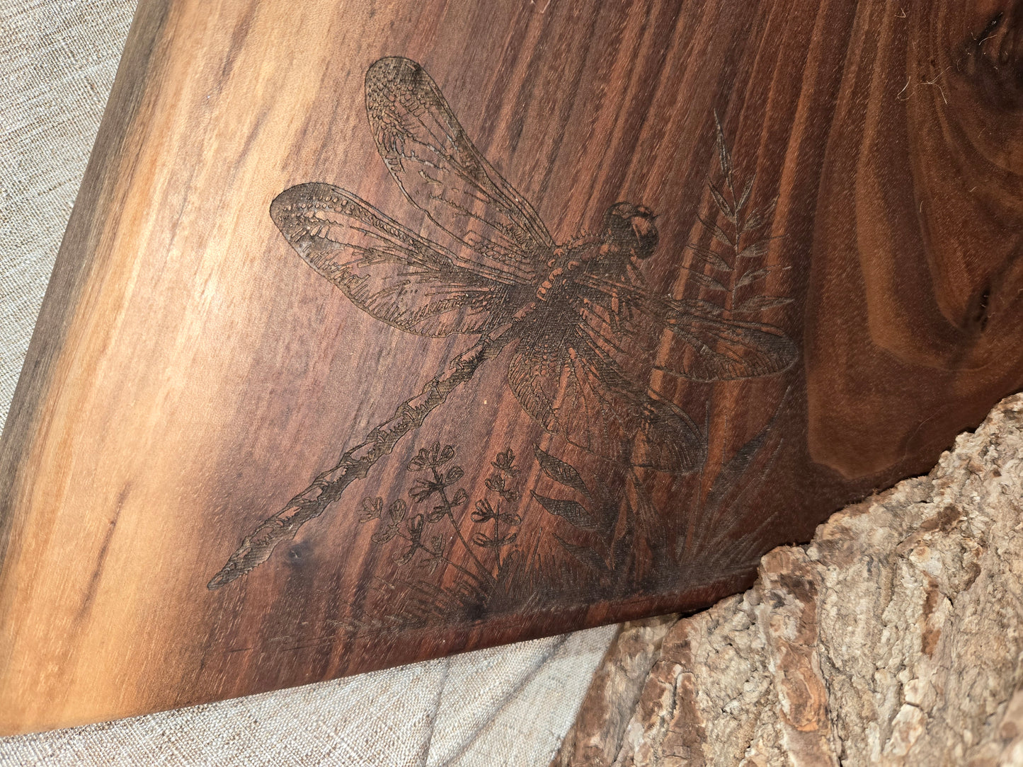 20" Black Walnut Live Edge Charcuterie Board w Dragonfly engraving