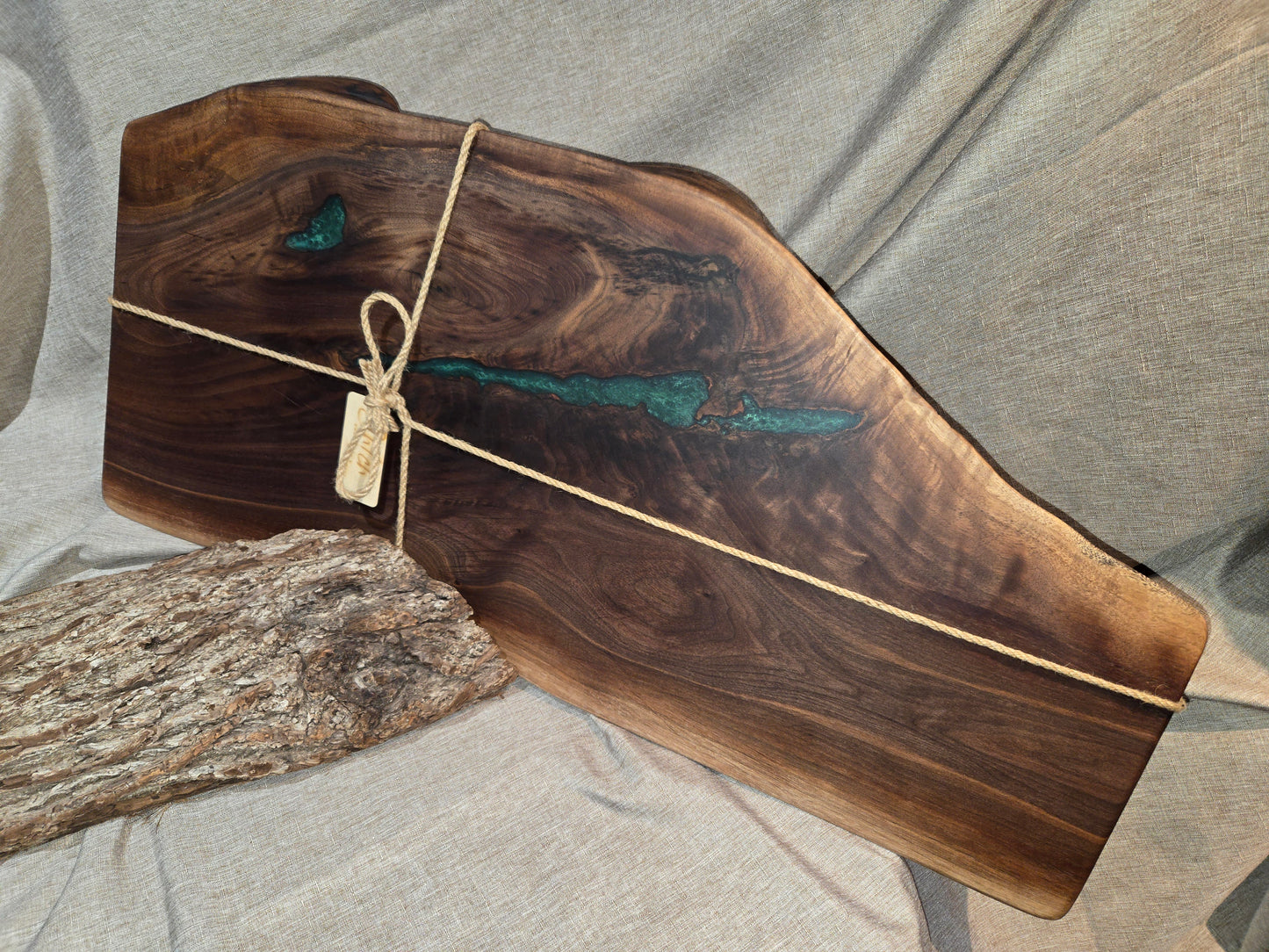 30" Black Walnut Live Edge Charcuterie Board w jade green epoxy accent