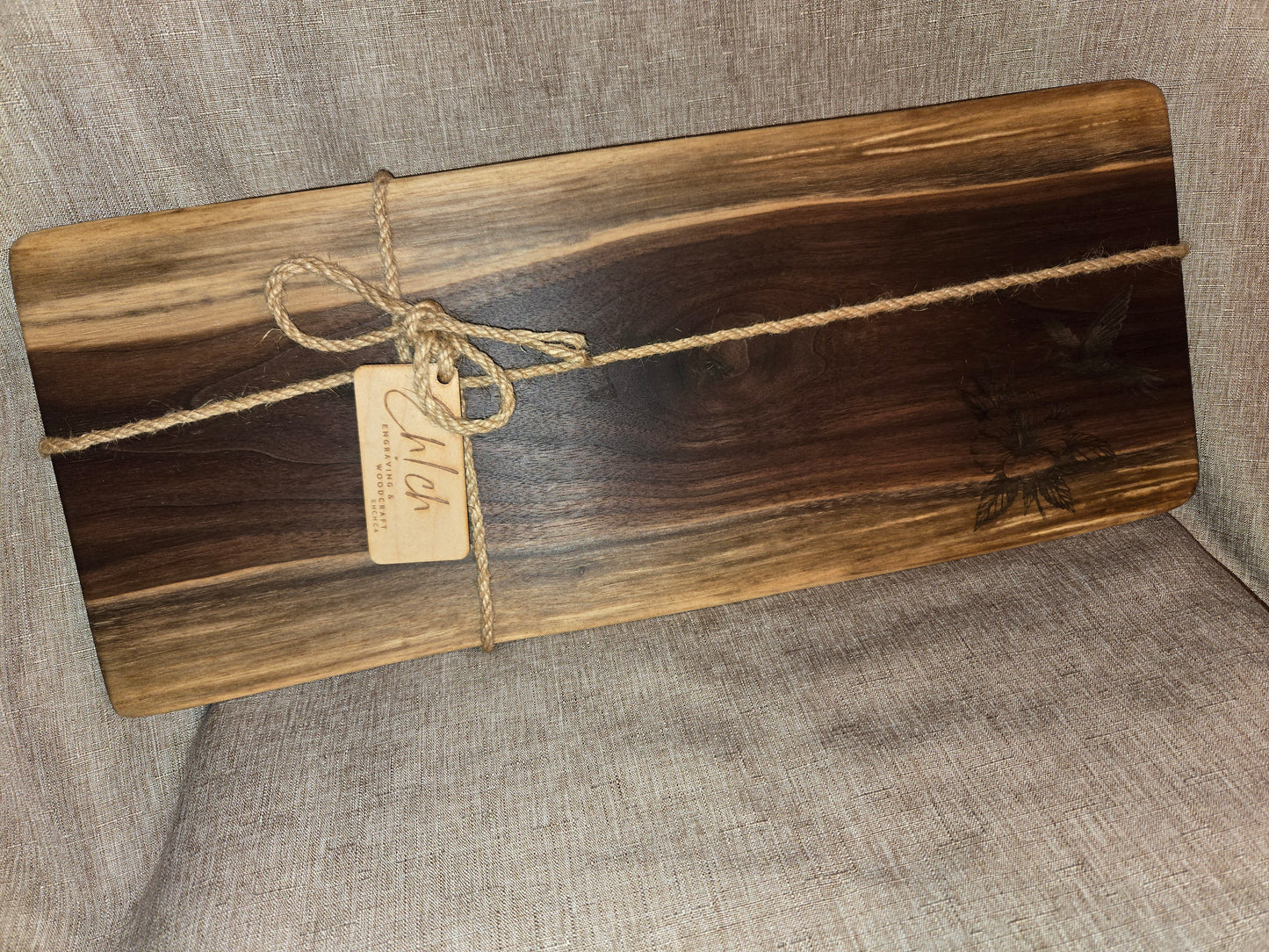 18" Black Walnut Live Edge Charcuterie Board w Hummingbird Engraving