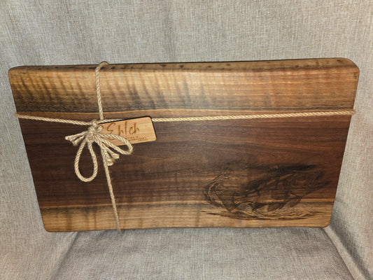 18" Black Walnut Live Edge Charcuterie Board w Bass Engraving