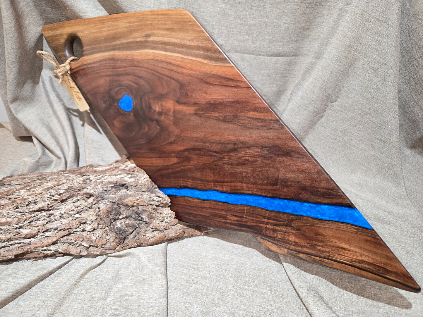 29" Black Walnut Charcuterie Board w blue epoxy accent