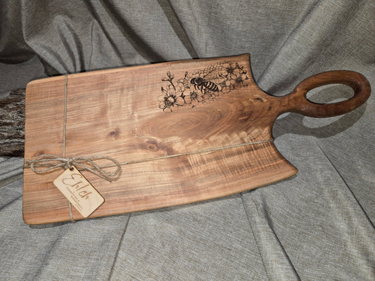 24" Black Cherry Live Edge Charcuterie Board w handle & Bee engraving