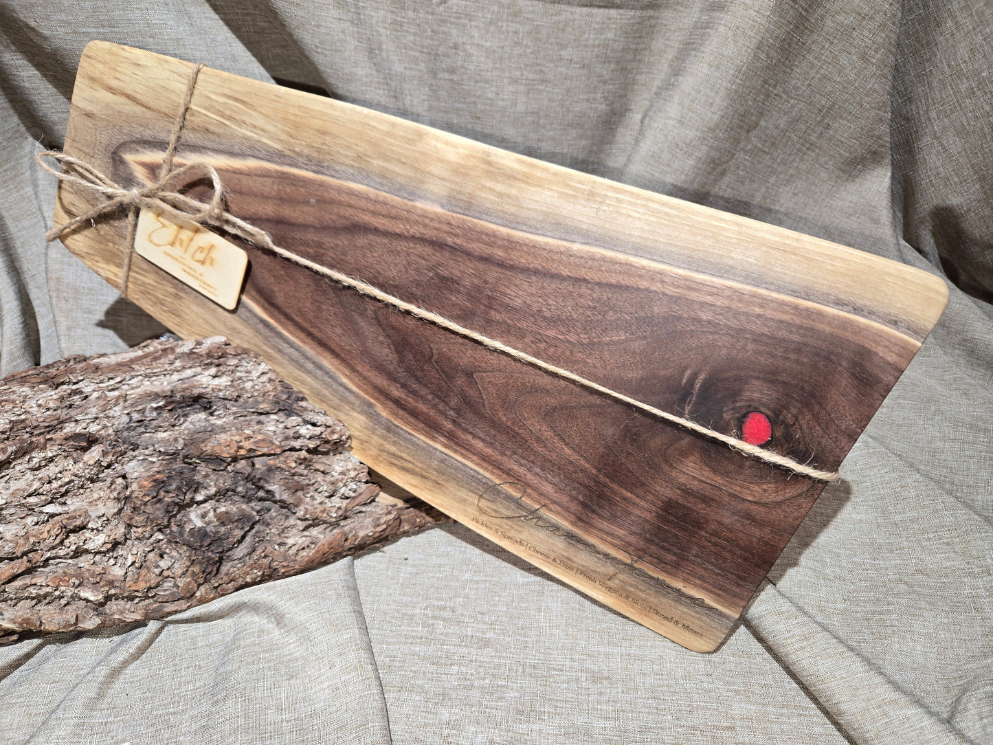 18" Black Walnut Charcuterie Board Charcuterie engraving & red epoxy accent