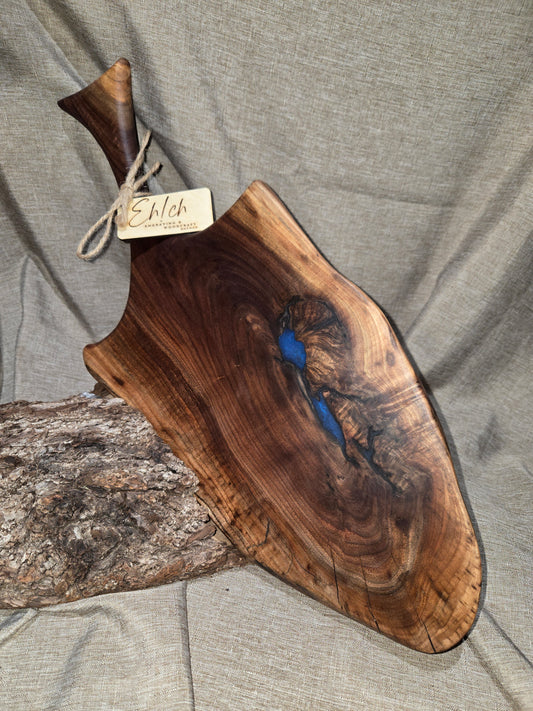 21" Black Walnut Charcuterie Board w handle & sky blue epoxy accent