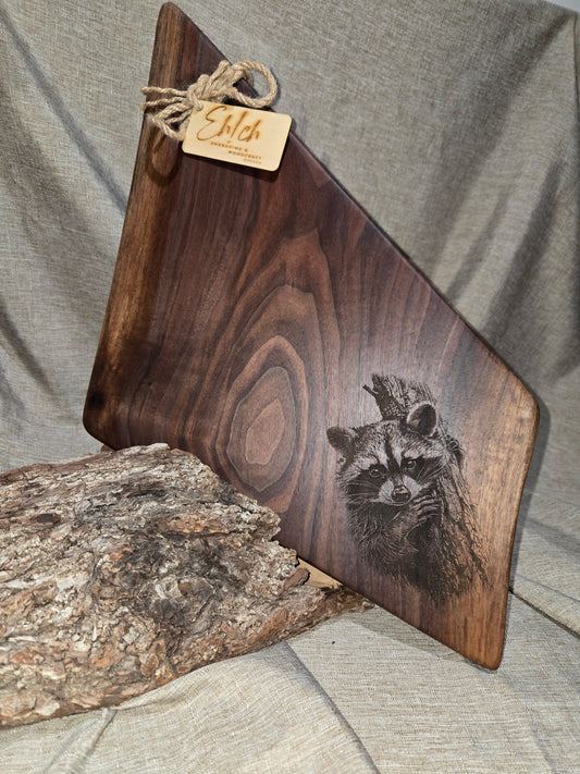 20" Black Walnut Charcuterie Board Raccoon engraving