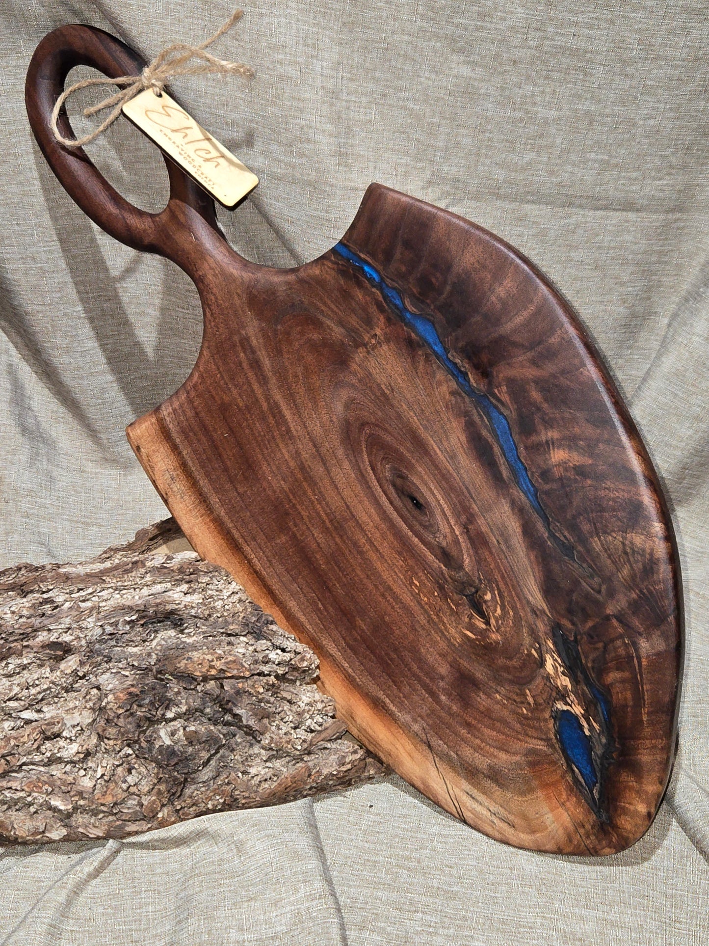 21" Black Walnut Charcuterie Board w loop handle & blue epoxy accent