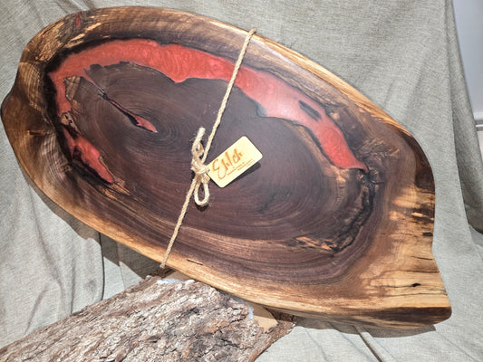 28" Black Oval Cookie Walnut Charcuterie Board with red epoxy accent