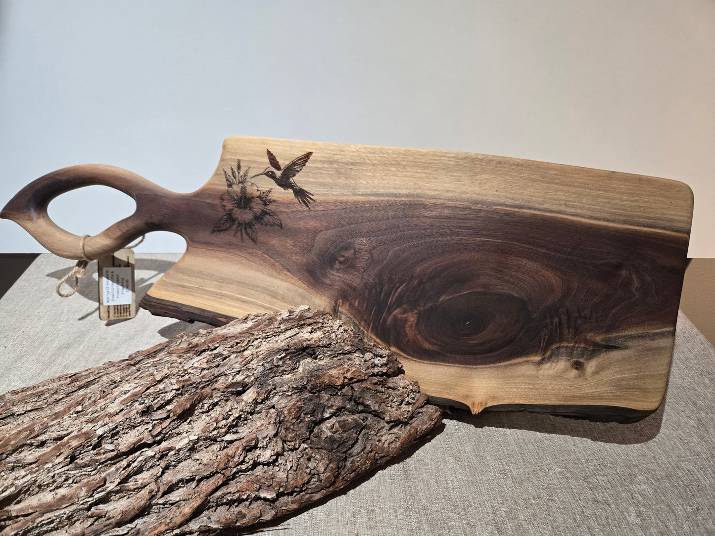 25" Black Walnut Live Edge Charcuterie Board w Hummingbird