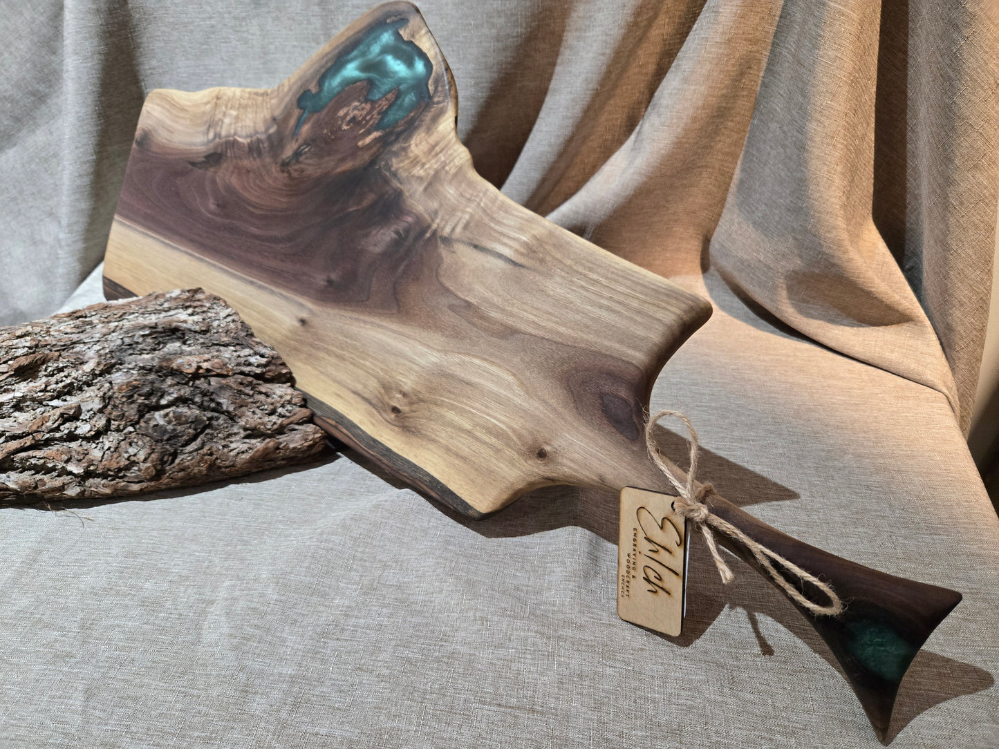 26" Black Walnut Charcuterie Board w Jade green epoxy accent