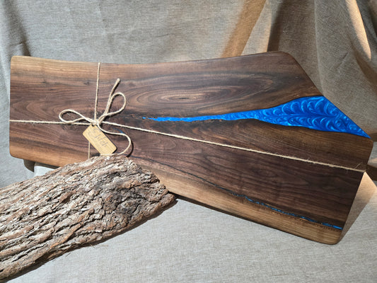 29" Black Walnut Charcuterie Board w sky blue epoxy accent