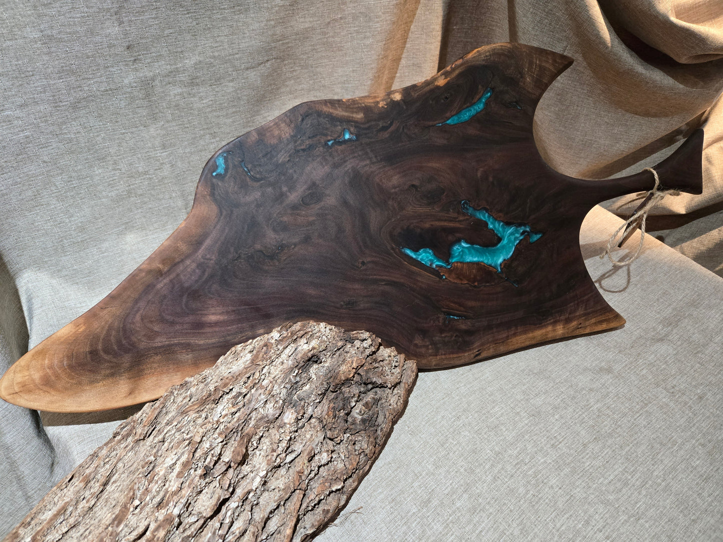 29" Black Walnut Charcuterie Board w teal green epoxy accent