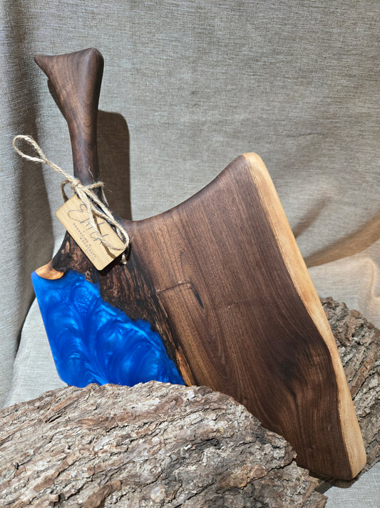 19" Black Walnut Charcuterie Board w sky blue epoxy accent