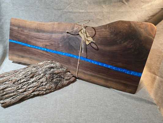 29" Black Walnut Charcuterie Board w sea blue epoxy accent