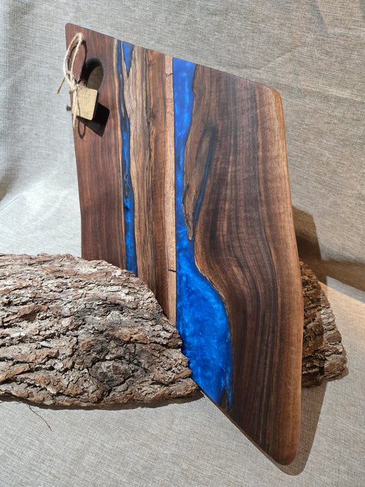 25" Black Walnut Charcuterie Board w blue epoxy accent