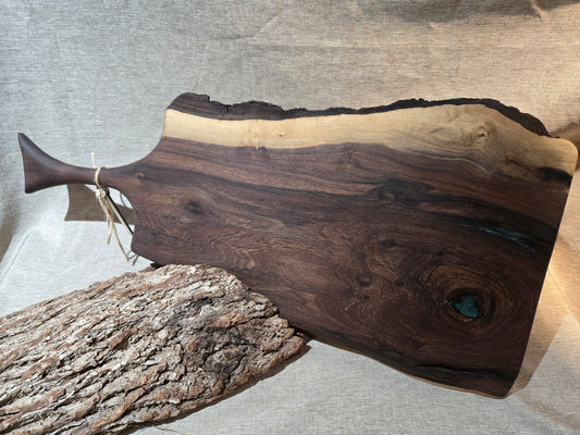25" Black Walnut Charcuterie Board w green epoxy accent