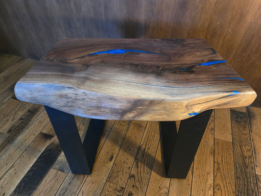 Bench, Live Edge Walnut Bench w Sky Blue Epoxy