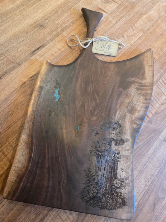 29" Black Walnut Charcuterie Board w teal green epoxy accent