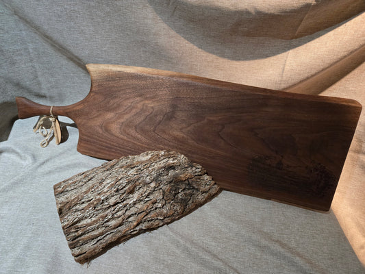 31" Black Walnut Live Edge Charcuterie Board w handle & "Wine" engraving