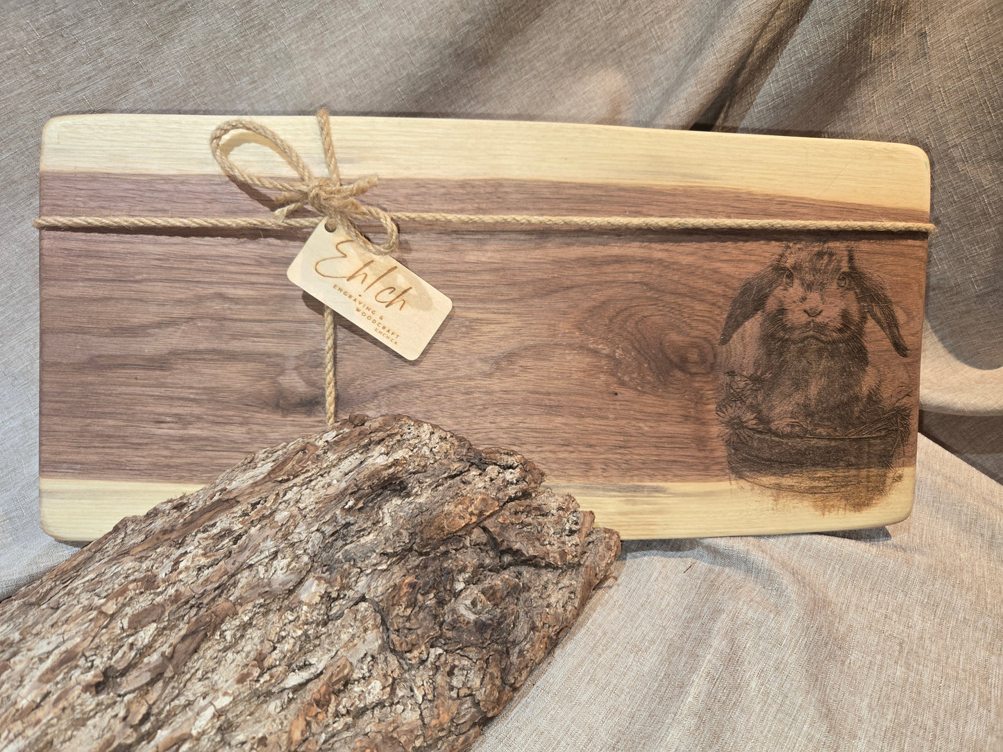 Live Edge Charcuterie Board w Rustic Bunny Engraving
