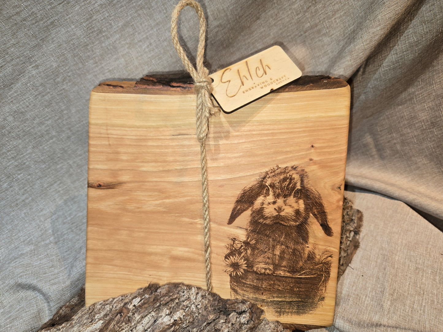 Live Edge Charcuterie Board w Rustic Bunny Engraving