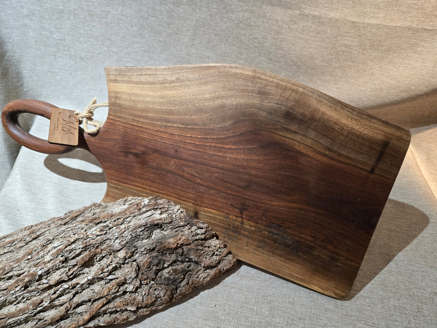 24" Black Walnut Live Edge Charcuterie Board w handle & Bee engraving