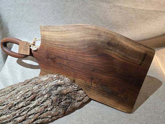 24" Black Walnut Live Edge Charcuterie Board w handle & Bee engraving