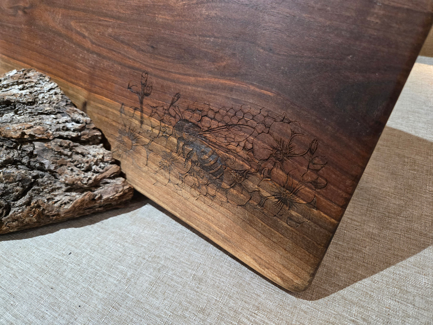 24" Black Walnut Live Edge Charcuterie Board w handle & Bee engraving