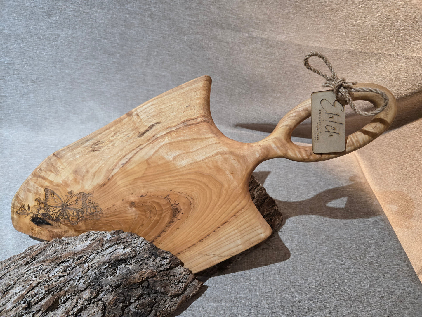 23" Ash Live Edge Charcuterie Board w handle & Butterfly engraving