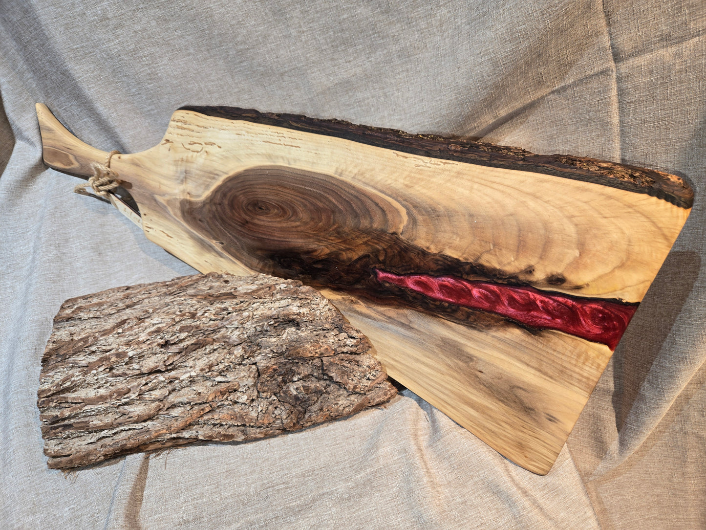 28" Black Walnut Charcuterie Board with cranberry red epoxy