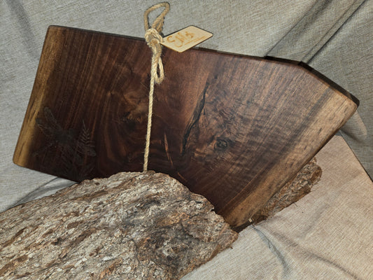 20" Black Walnut Live Edge Charcuterie Board w Dragonfly engraving