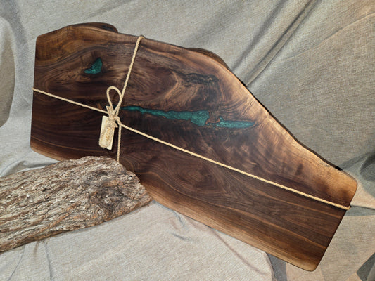 30" Black Walnut Live Edge Charcuterie Board w jade green epoxy accent