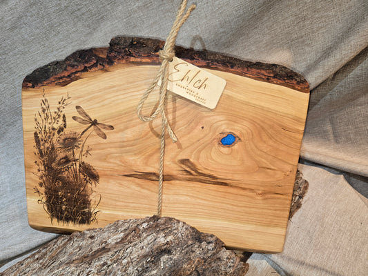 14" Black Cherry Charcuterie Board with a dragonfly engraving & blue accent