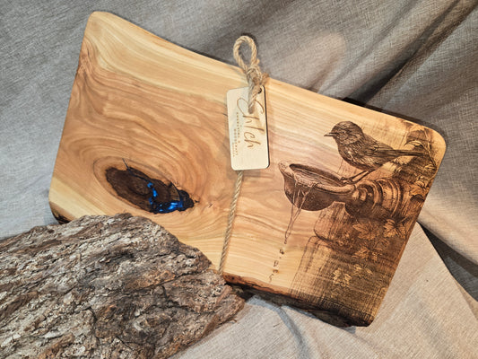 14-1/2" Black Cherry Charcuterie Board with a bird bath engraving & blue accent
